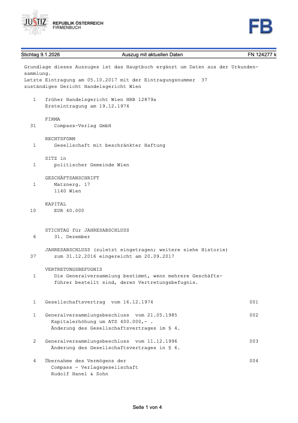 Official Companies Register Extract of Compass-Verlag GmbH from Vienna, Austria, including information on legal form, registered address, capital and annual financial statement.