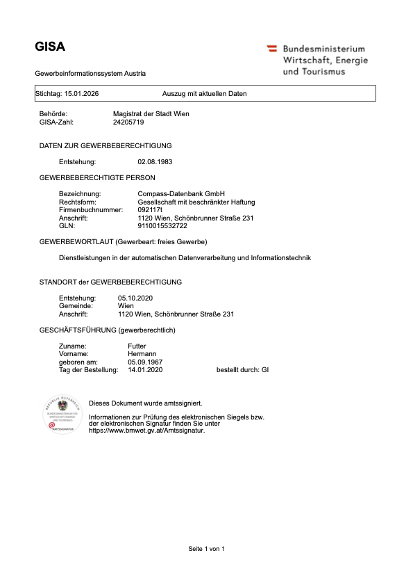 GISA-Auszug der Compass-Datenbank GmbH, Bundesministerium für Wirtschaft, Wien 1120, mit Angaben zu Gewerbeberechtigung, Firmenbuchnummer und Geschäftsführung.