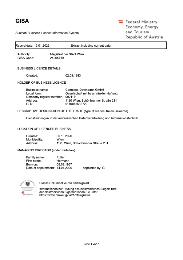GISA extract of Compass-Datenbank GmbH, Federal Ministry of Labour and Economy, Vienna 1120, including information on the business licence, company register number, and management.